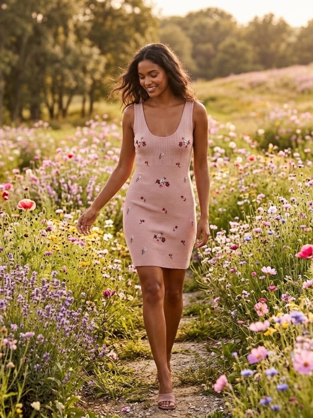 Forever 21 Y2K Pink Floral Embroidered Ribbed‎ V-Neck Sweater Dress Size Large